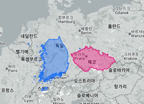 체코 국토 모양과 한국 국토 모양을 나란히 놓은 비교