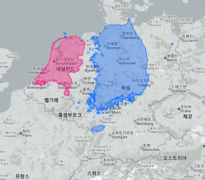 유럽 네덜란드와 비교한 한국 영토 크기