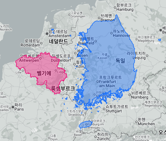 한국과 벨기에 지도를 같은 축척으로 나란히 비교한 모습