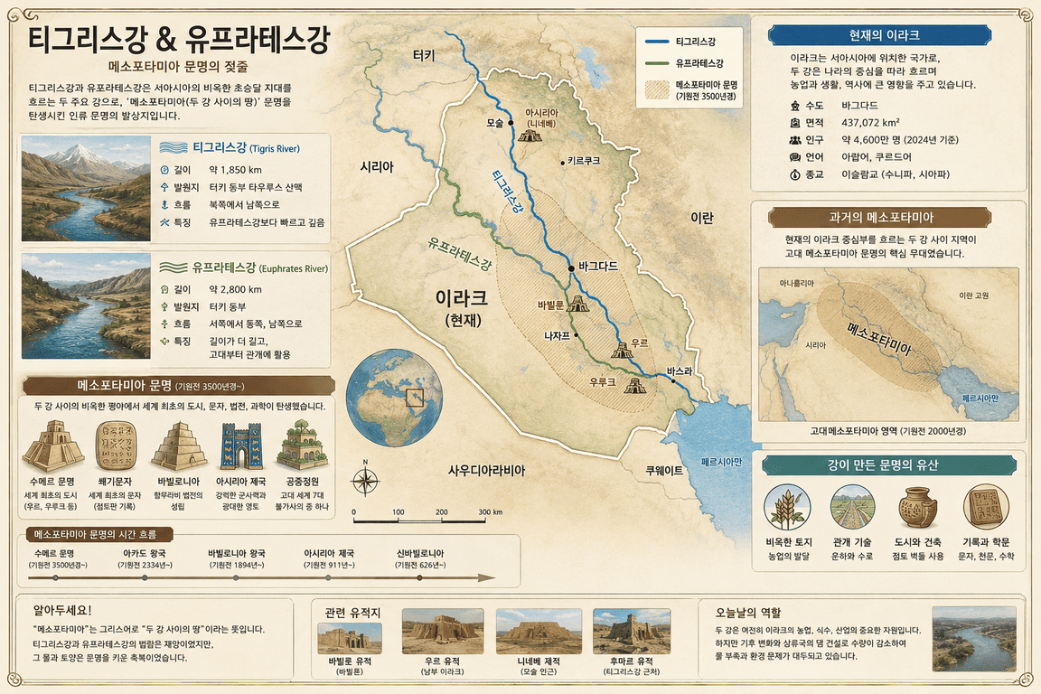 티그리스강 유프라테스강 지도와 메소포타미아 문명 그리고 현재 이라크의 위치